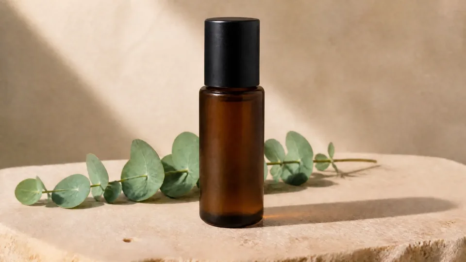 Amber bottle with a black cap in the same spot beside the eucalyptus