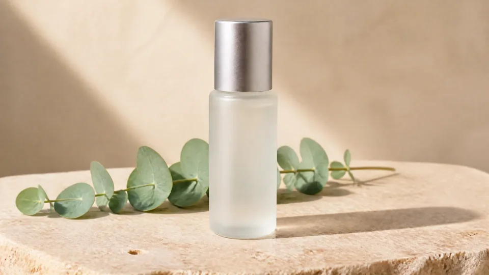 Frosted bottle with a silver cap beside eucalyptus on a sunlit stone slab