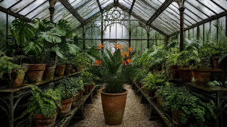 The same greenhouse with a flowering bird of paradise in a terracotta pot on the walkway