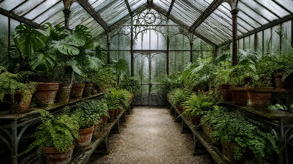 Glass greenhouse with ferns lining an empty central walkway