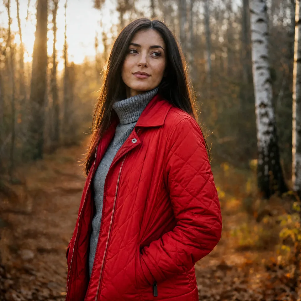 The same pose in a red quilted jacket and grey turtleneck in the birch wood