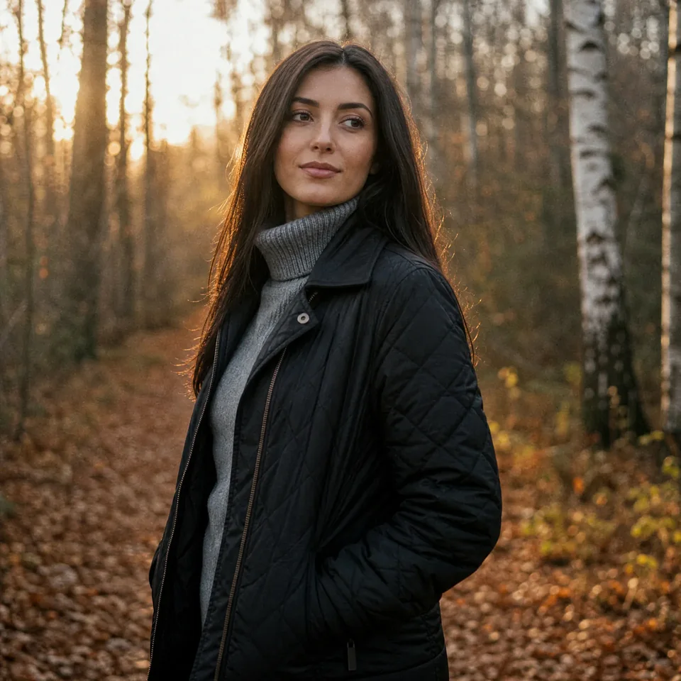 Woman in a black quilted jacket and grey turtleneck in a birch wood