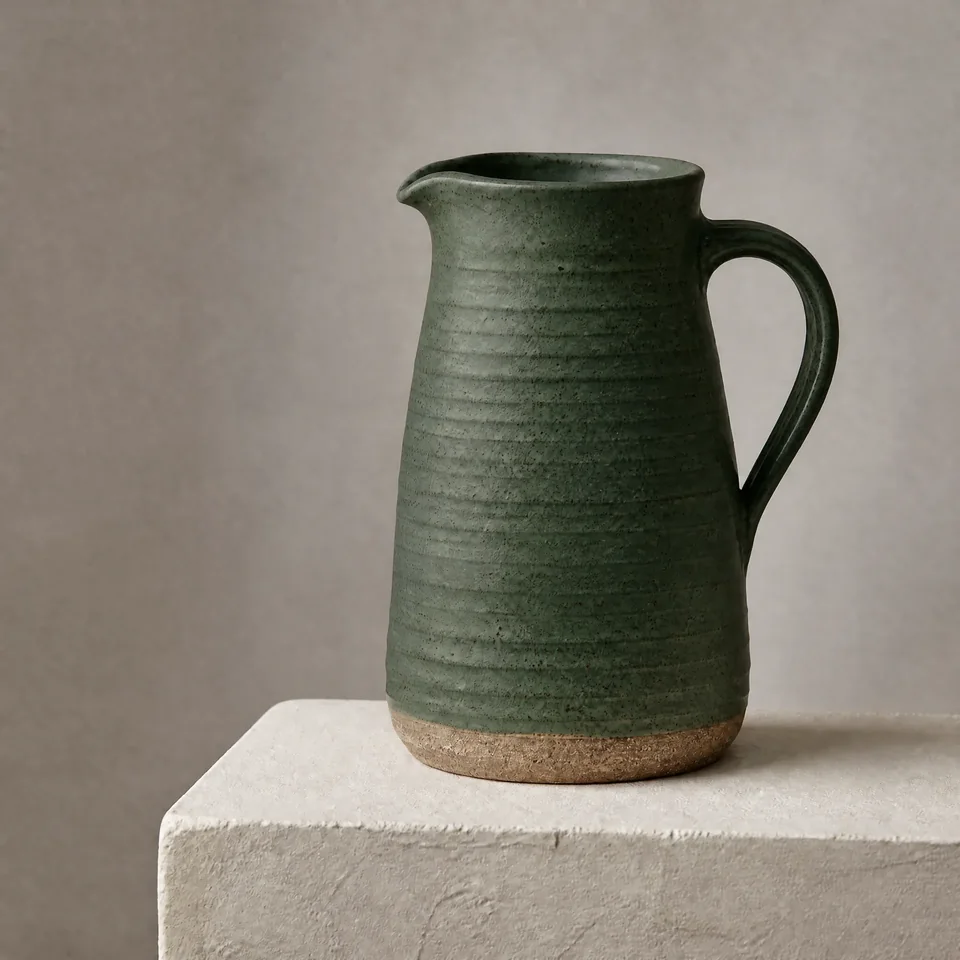 Dark green ceramic jug with an unglazed base on the same plinth