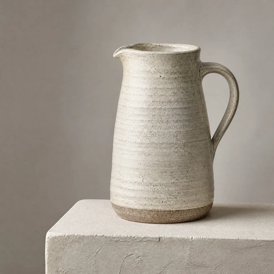 Speckled cream ceramic jug on a pale plinth