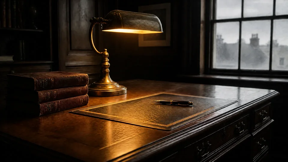 The same brass lamp switched on, casting warm light across the desk