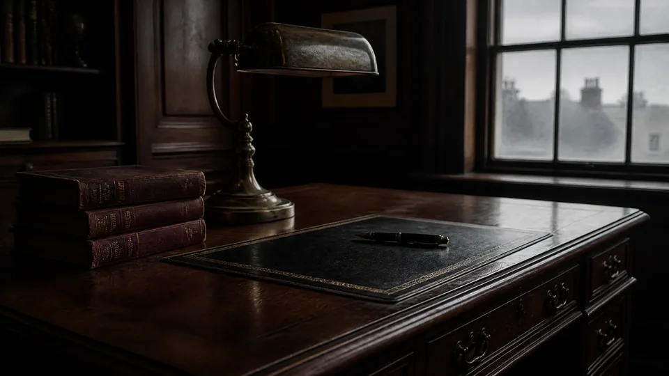 Unlit brass desk lamp beside books on a dark wooden desk