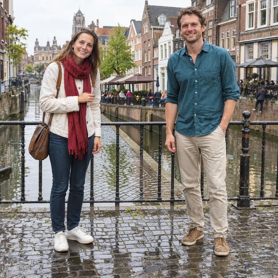 The same canal bridge with only two people, the wet cobbles and canal rebuilt where the others stood