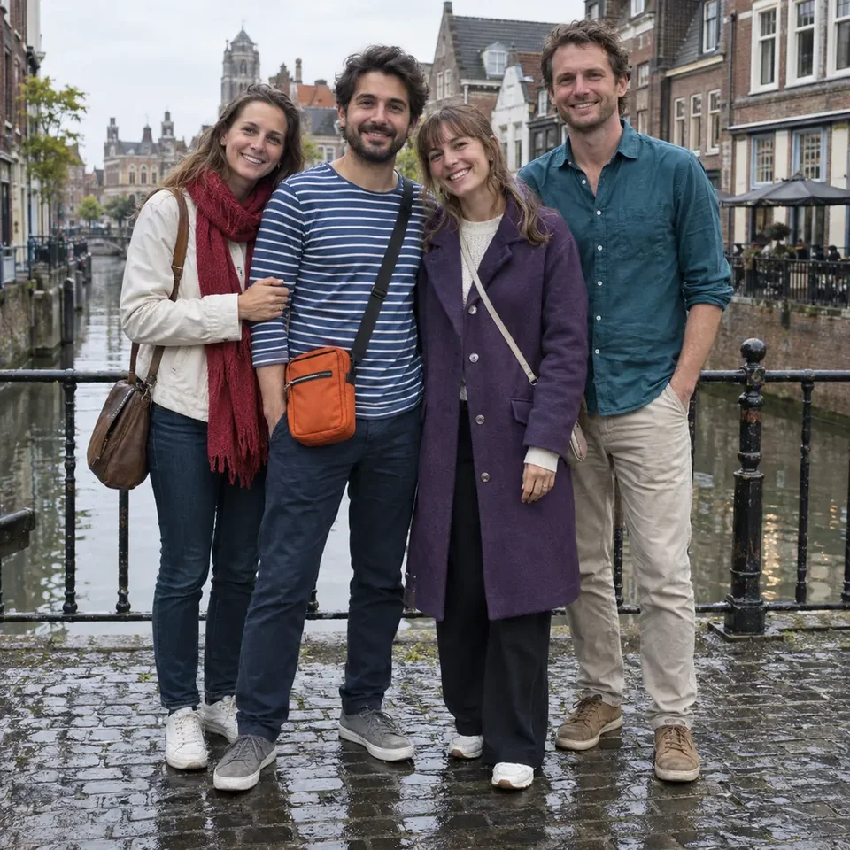 Four friends standing together on a rainy canal bridge