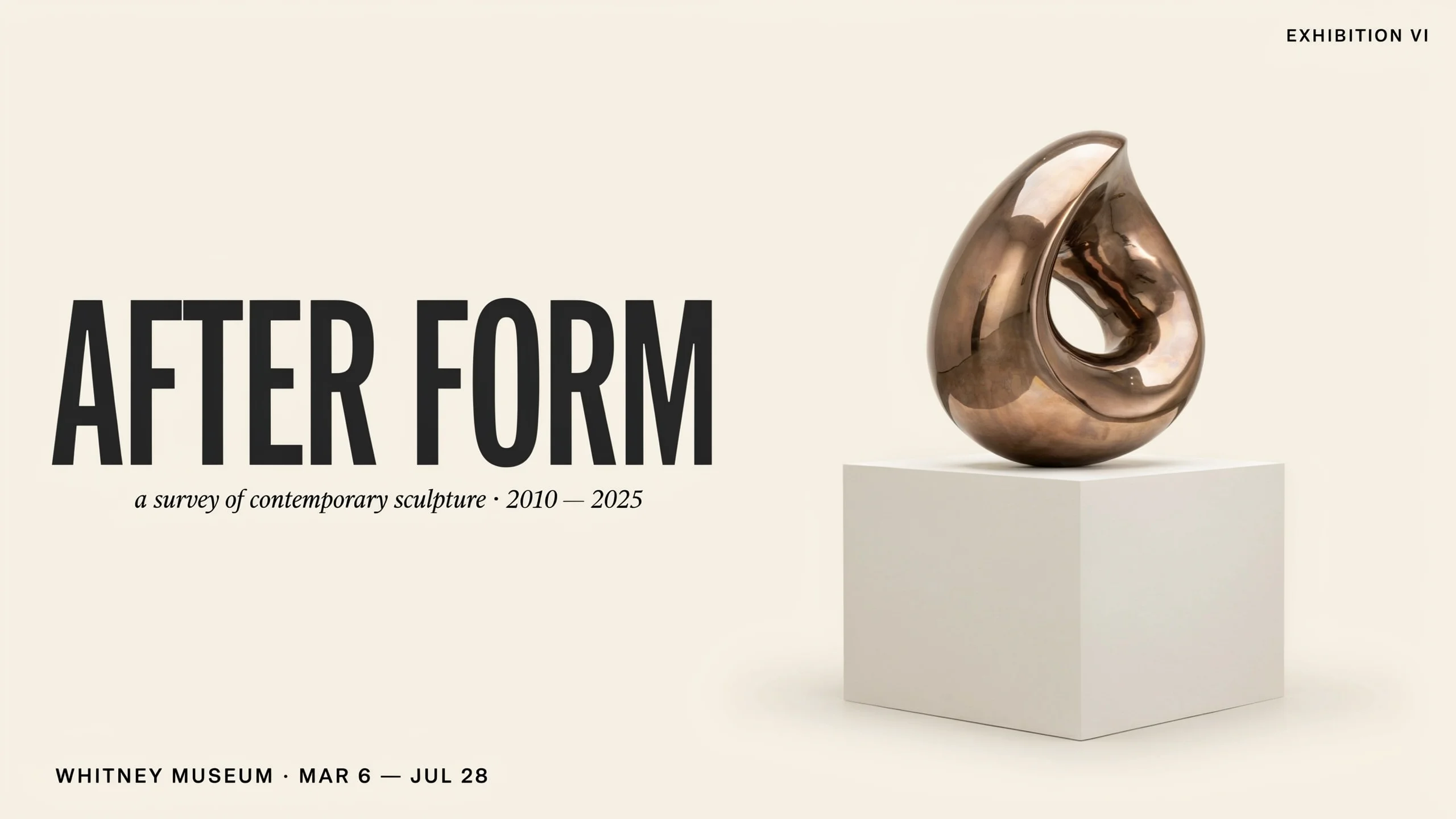 Wide cream exhibition poster with a bronze abstract sculpture and large AFTER FORM lettering.