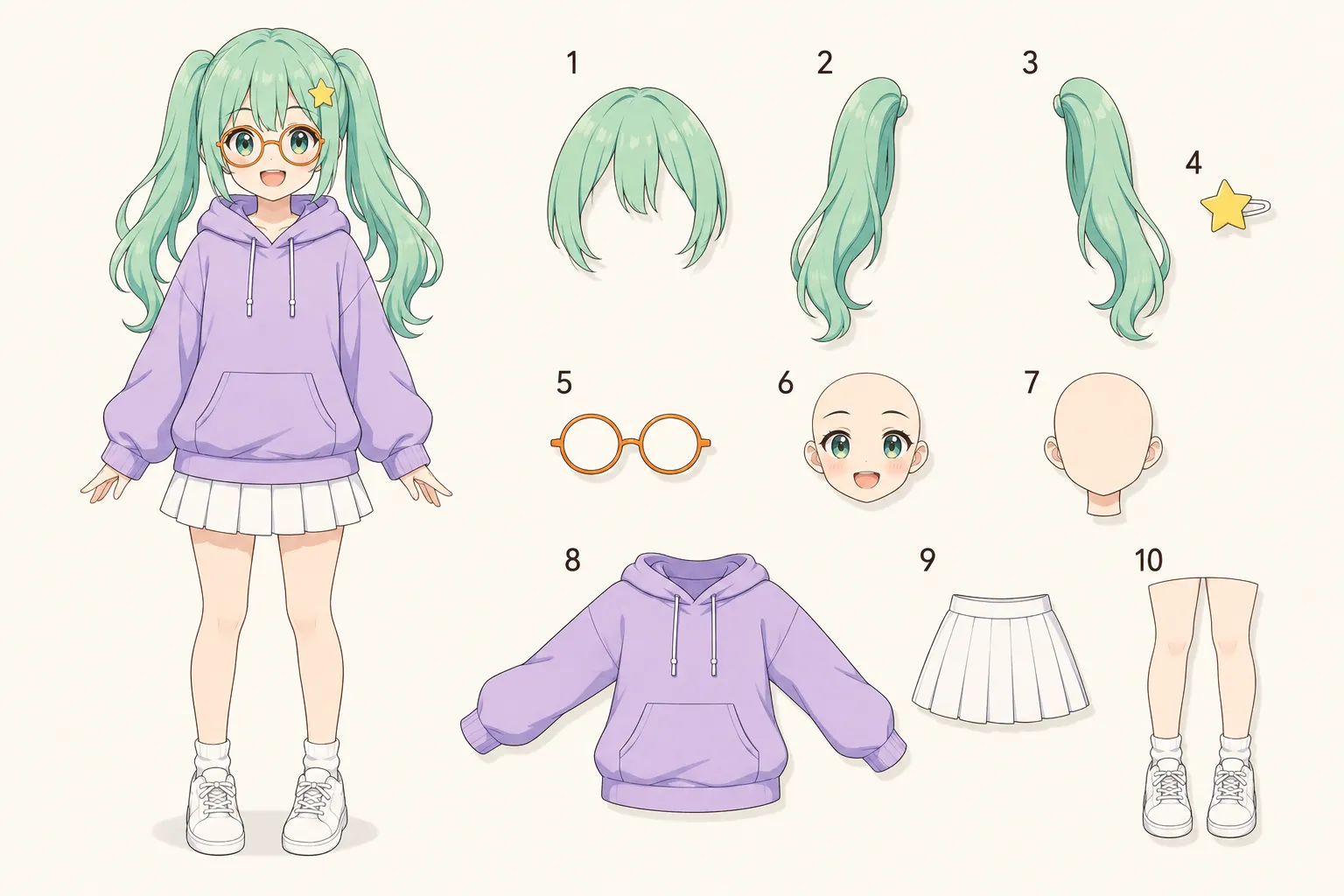 A flat exploded-view presentation with a complete illustrated character and its visual hair, face, clothing, and body parts