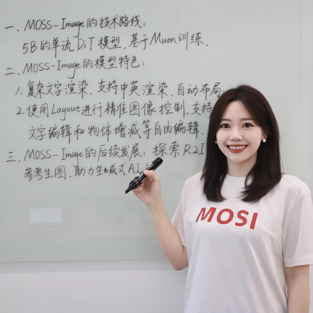 Whiteboard with handwritten Chinese notes about MOSS-Image generated by MOSS-Image-Base