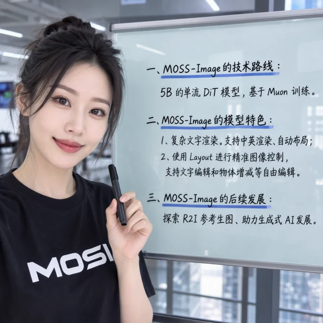The same whiteboard prompt generated by MOSS-Image-SFT, with three neatly grouped headings and underlines