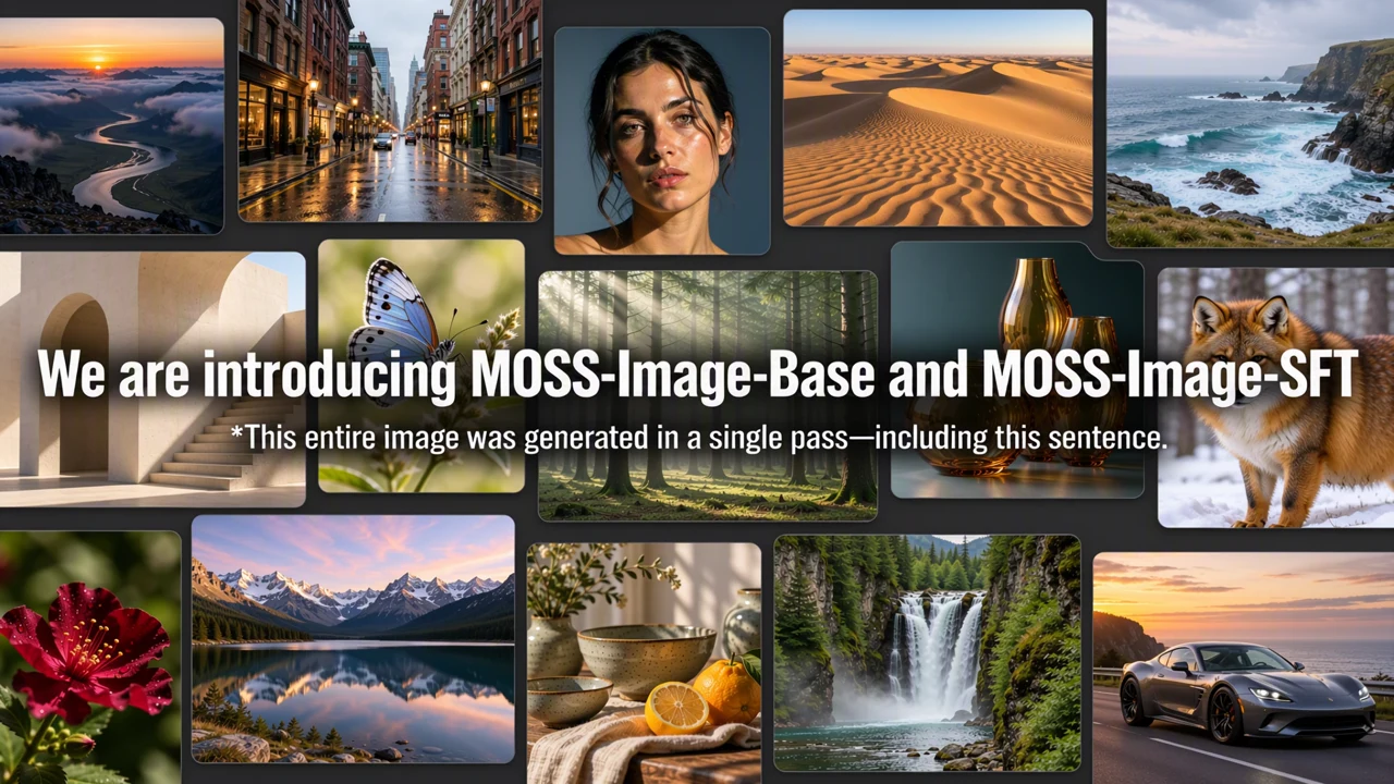 Grid of photorealistic landscapes, a portrait, a fox and a sports car with the headline “We are introducing MOSS-Image-Base and MOSS-Image-SFT” rendered across the middle